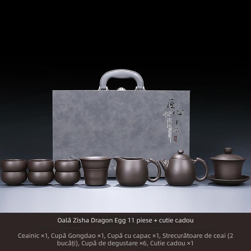 Set Gongfu de ceai din lut mov, potrivit pentru casă, sufragerie și birou — ceainic ceramic cu capac, bol cu capac și cești de ceai într-o cutie cadou
