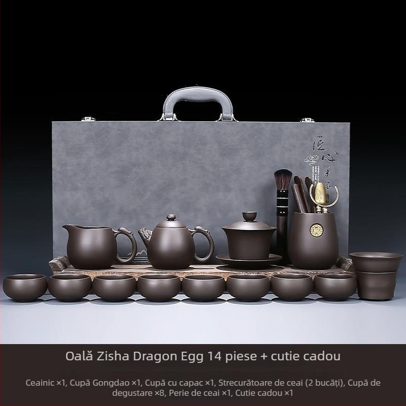 Set Gongfu de ceai din lut mov, potrivit pentru casă, sufragerie și birou — ceainic ceramic cu capac, bol cu capac și cești de ceai într-o cutie cadou
