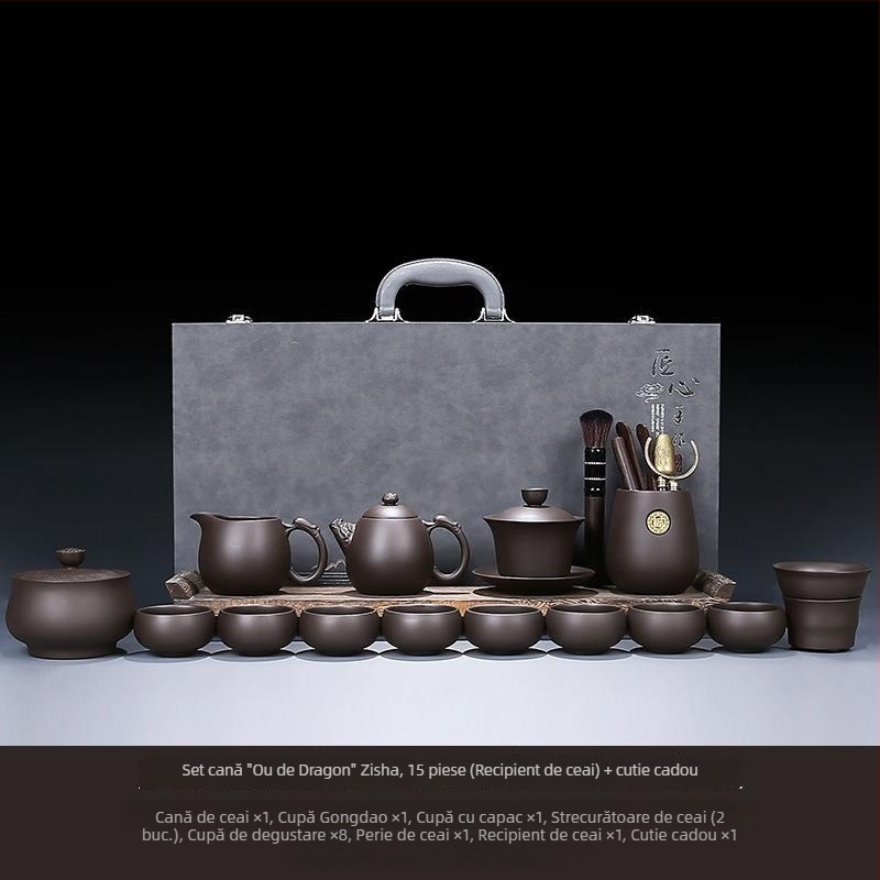 Set Gongfu de ceai din lut mov, potrivit pentru casă, sufragerie și birou — ceainic ceramic cu capac, bol cu capac și cești de ceai într-o cutie cadou