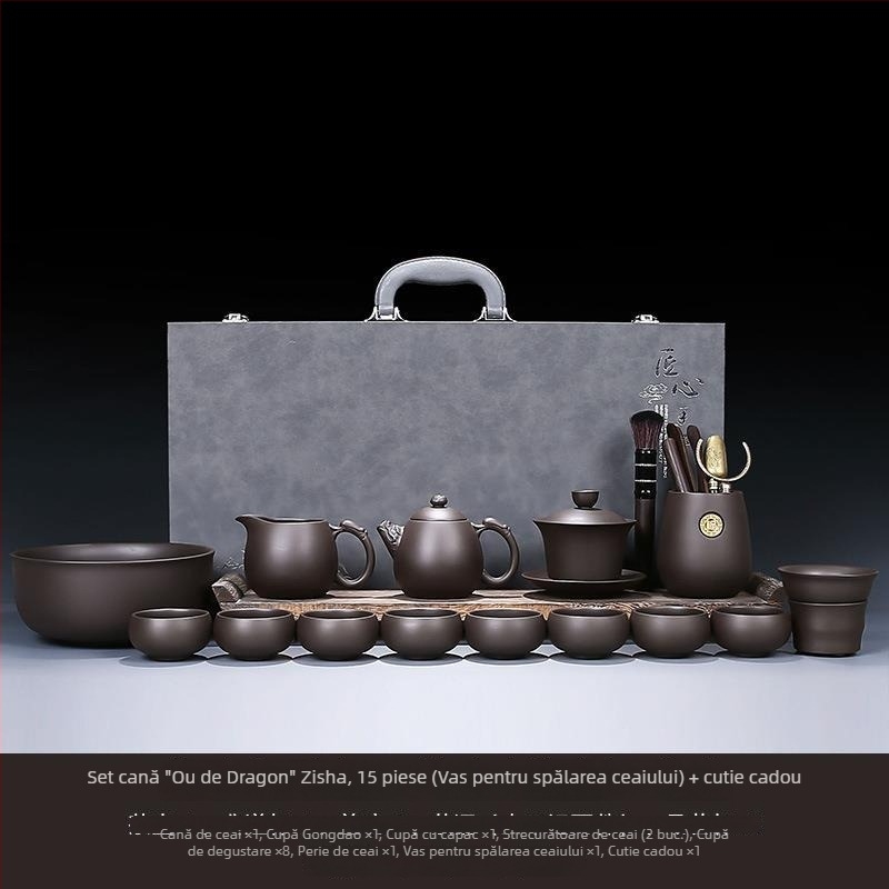 Set Gongfu de ceai din lut mov, potrivit pentru casă, sufragerie și birou — ceainic ceramic cu capac, bol cu capac și cești de ceai într-o cutie cadou