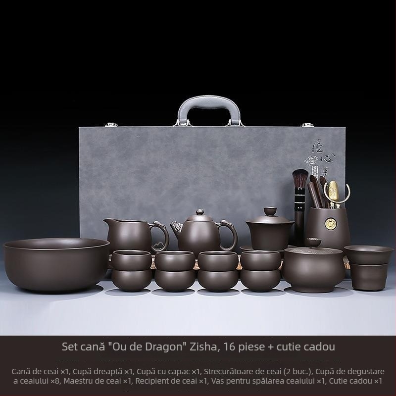 Set Gongfu de ceai din lut mov, potrivit pentru casă, sufragerie și birou — ceainic ceramic cu capac, bol cu capac și cești de ceai într-o cutie cadou