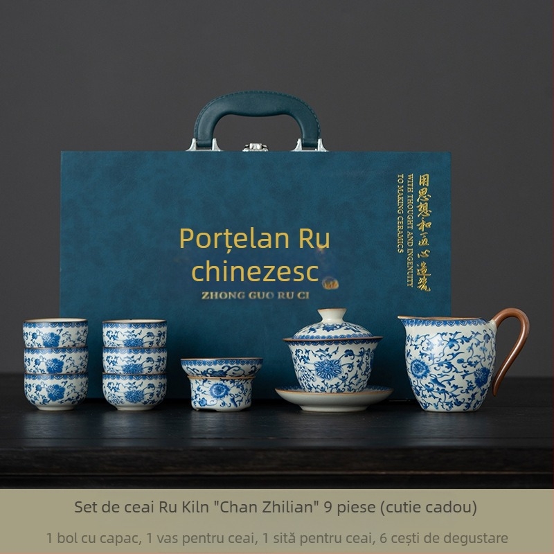 Ceainic ceramic Ru Kiln, set ceai Kung Fu, cu glazură fisurată, pentru uz casnic, cutie cadou