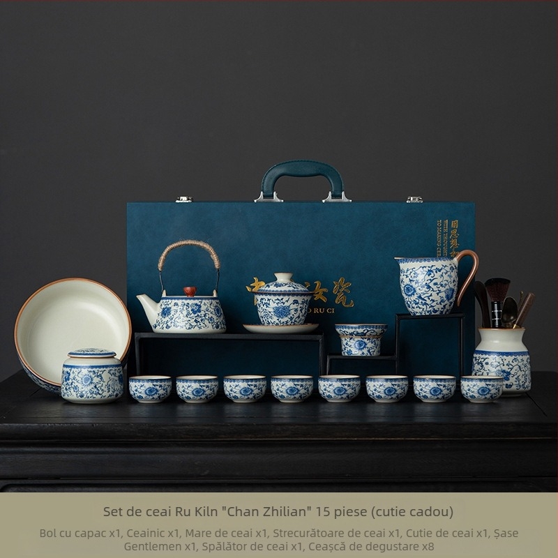 Ceainic ceramic Ru Kiln, set ceai Kung Fu, cu glazură fisurată, pentru uz casnic, cutie cadou