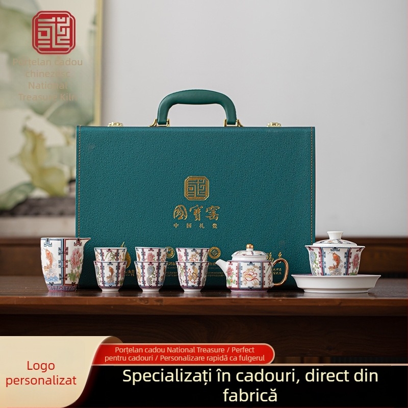 Set hexagonal de ceai cu emailare într-un stil luxos – gaiwan, ceainic și cești în cutie cadou