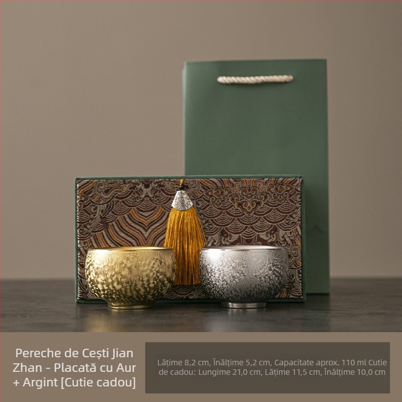 Cească de ceai Jianzhan placată cu aur și argint, ceramică chineză, stil retro luxos