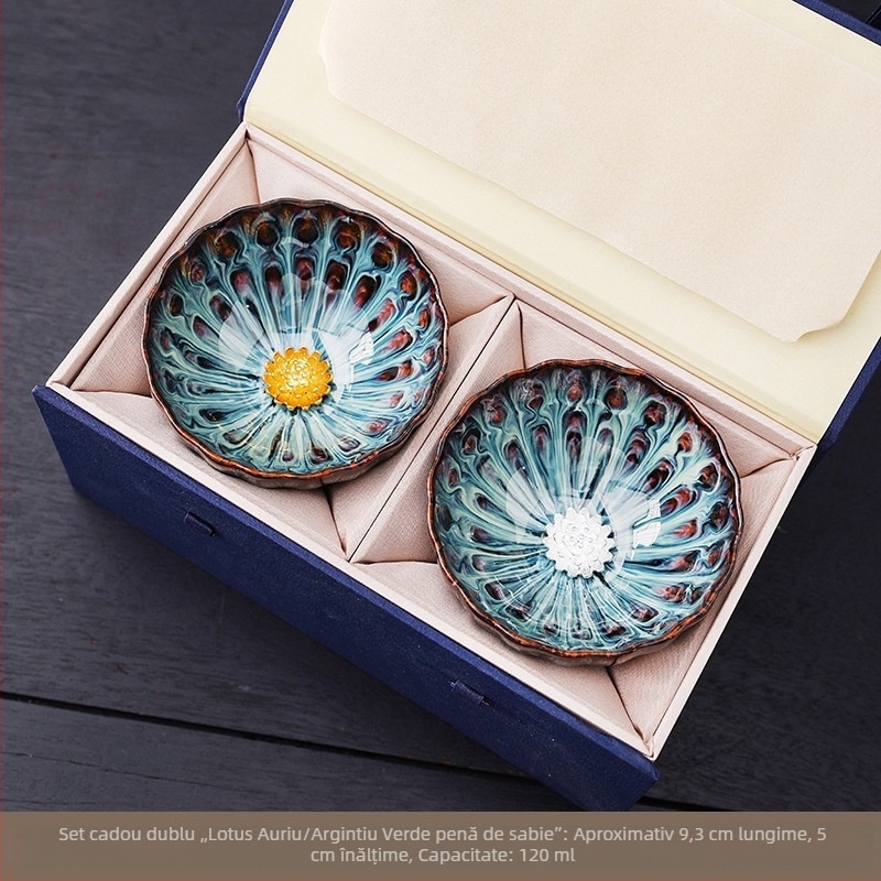 Pereche de cești de ceai cu lotus Dunhuang, ceramic Gongfu, set cadou