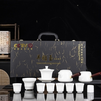 Set Gongfu de ceai din porțelan alb ca jad, cu capac suspendat și ceainic cu mâner lateral Xishi, cutie cadou, cadou de afaceri premium