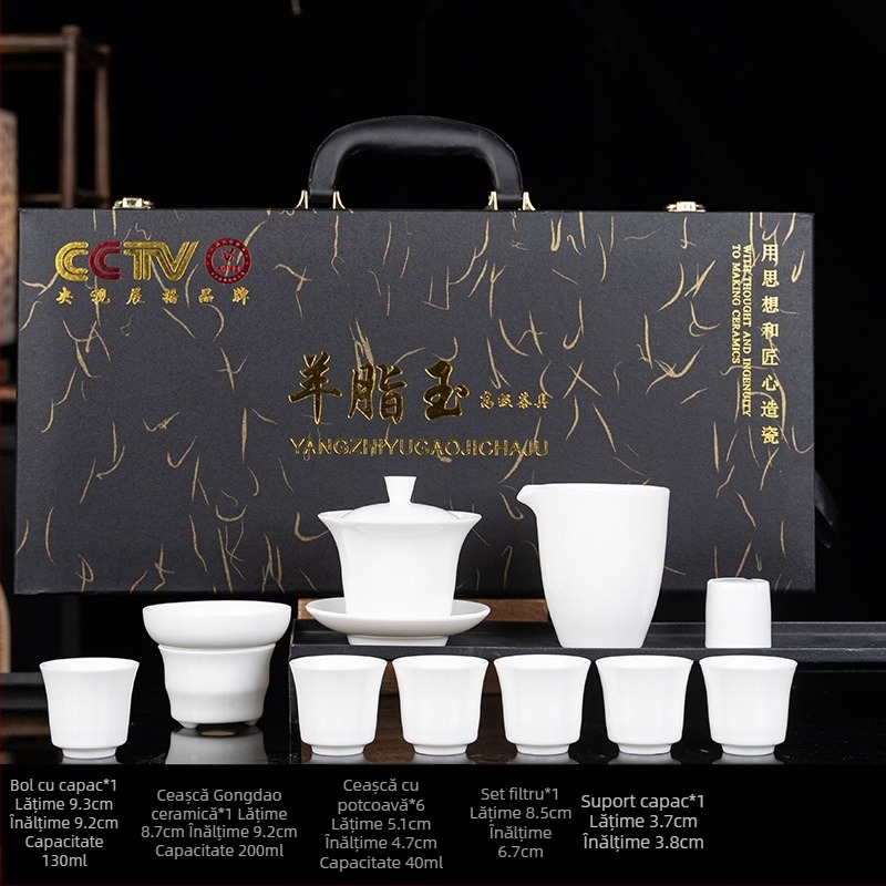 Set Gongfu de ceai din porțelan alb ca jad, cu capac suspendat și ceainic cu mâner lateral Xishi, cutie cadou, cadou de afaceri premium