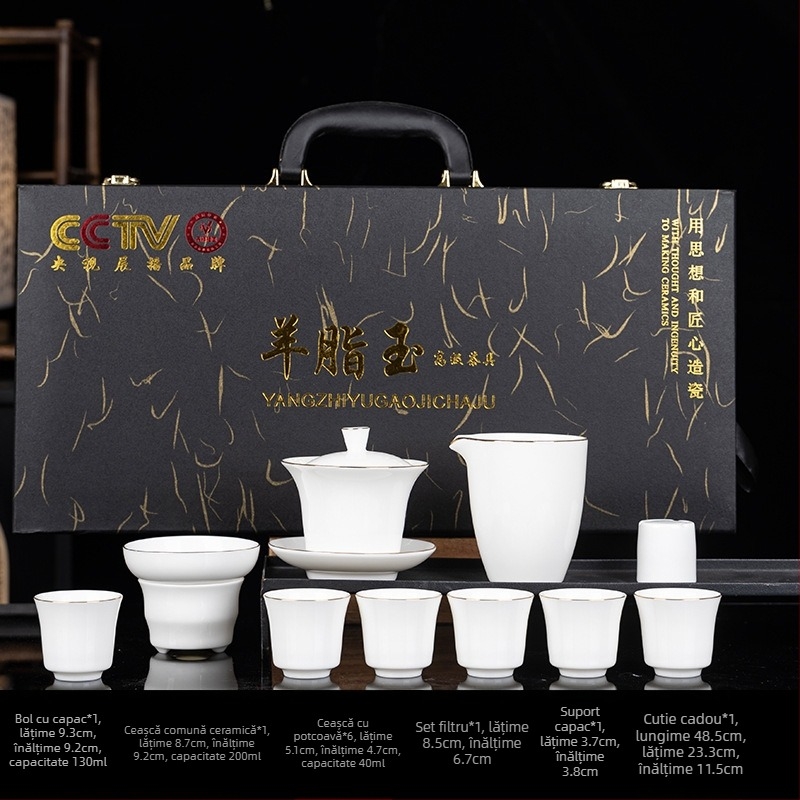 Set Gongfu de ceai din porțelan alb ca jad, cu capac suspendat și ceainic cu mâner lateral Xishi, cutie cadou, cadou de afaceri premium