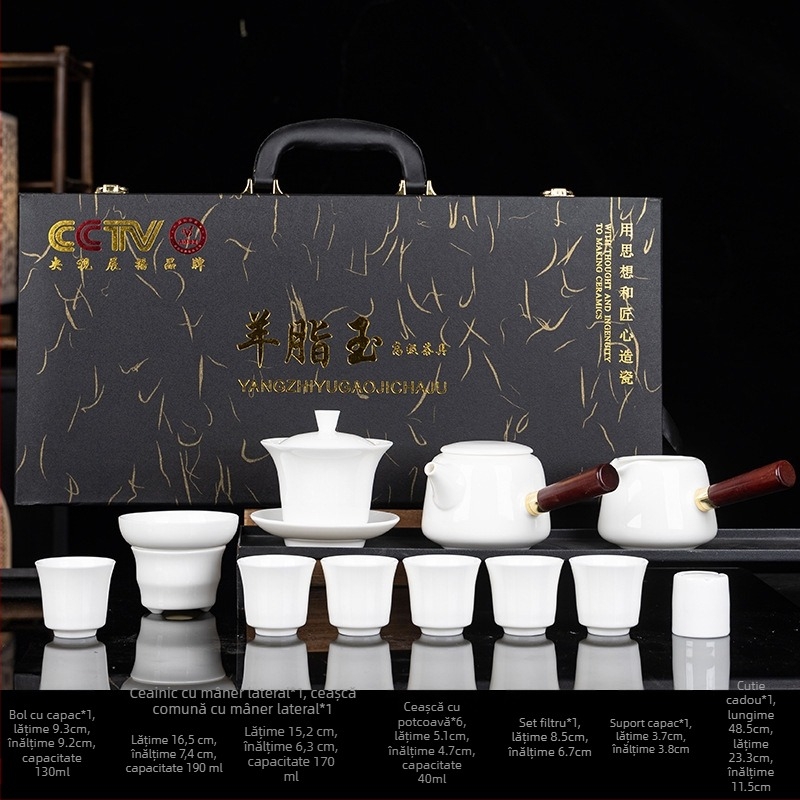 Set Gongfu de ceai din porțelan alb ca jad, cu capac suspendat și ceainic cu mâner lateral Xishi, cutie cadou, cadou de afaceri premium