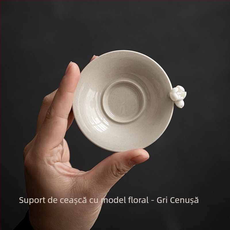 Set ceai Gongfu vintage: ceașcă de porțelan cu model floral lucrat manual, ceașcă principală și bol mic, glazură gri