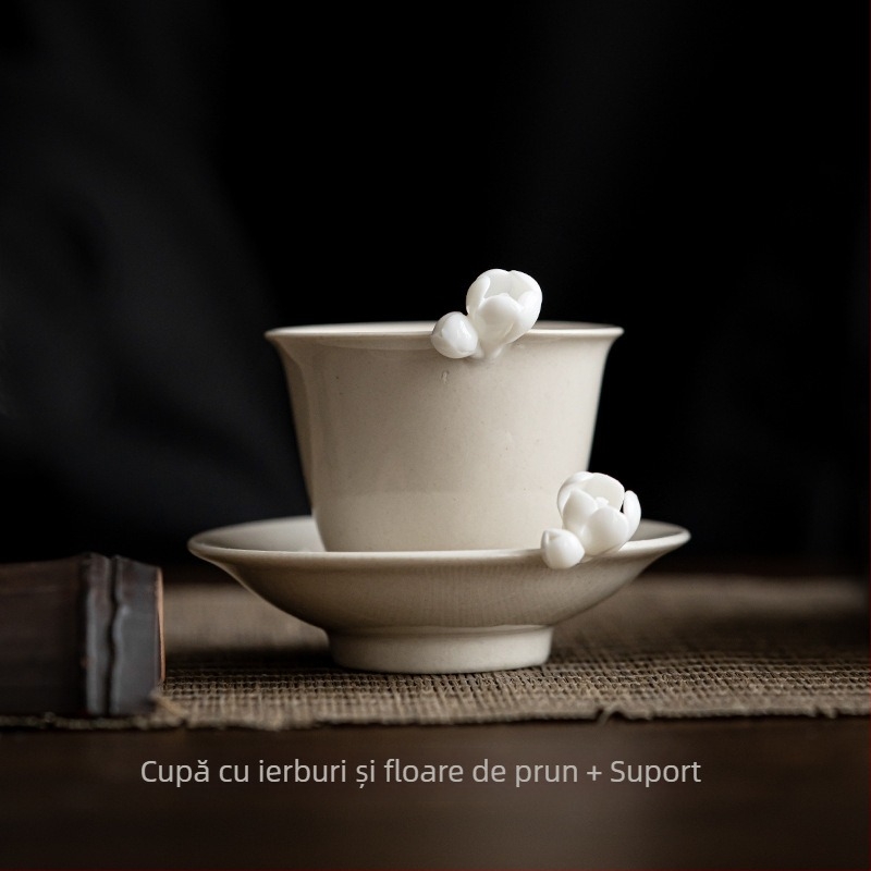 Set ceai Gongfu vintage: ceașcă de porțelan cu model floral lucrat manual, ceașcă principală și bol mic, glazură gri