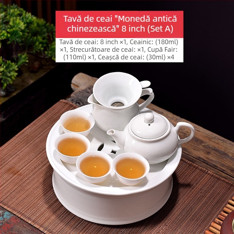 Set Chaoshan Gongfu pentru birou și casă – ceainic alb din porțelan, cești și farfurie de ceai, pentru 6 persoane
