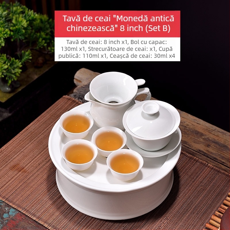 Set Chaoshan Gongfu pentru birou și casă – ceainic alb din porțelan, cești și farfurie de ceai, pentru 6 persoane
