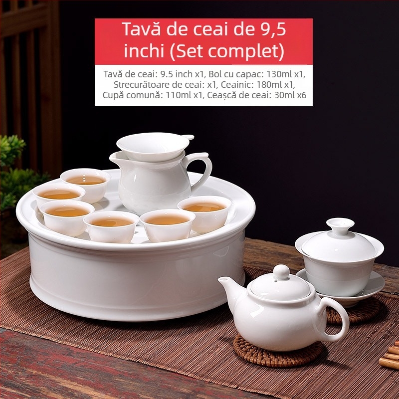 Set Chaoshan Gongfu pentru birou și casă – ceainic alb din porțelan, cești și farfurie de ceai, pentru 6 persoane