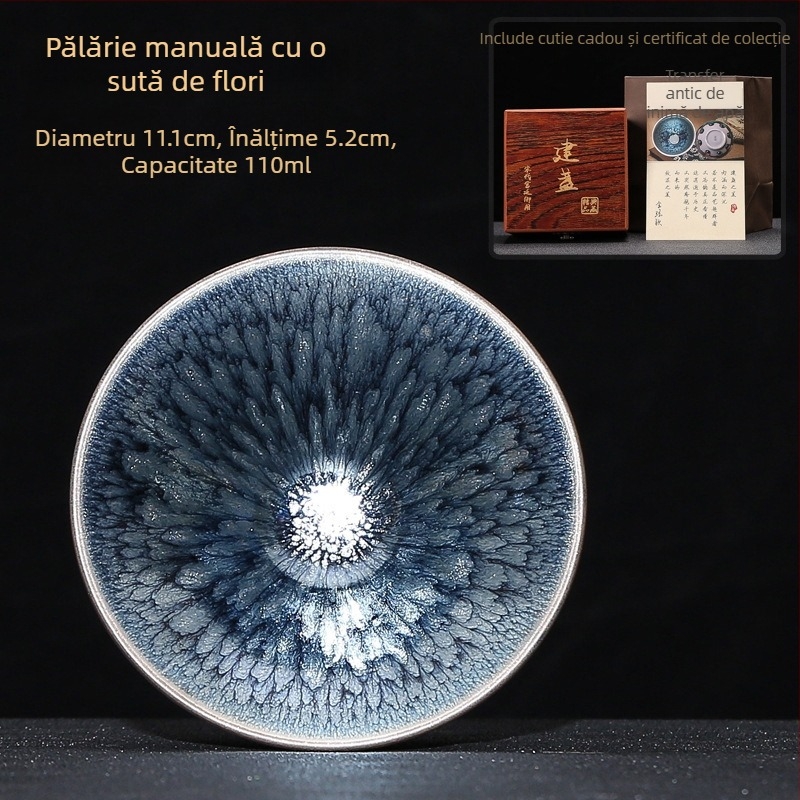 Jianyang Jian Zhan – glazură minerală originală, ceramică lucrată manual, corp de fier, schimbare de culoare în cuptor, ceașcă cu o sută de flori, Tianmu Cup cu păr de iepure și picături de ulei, ceașcă a Maestrului