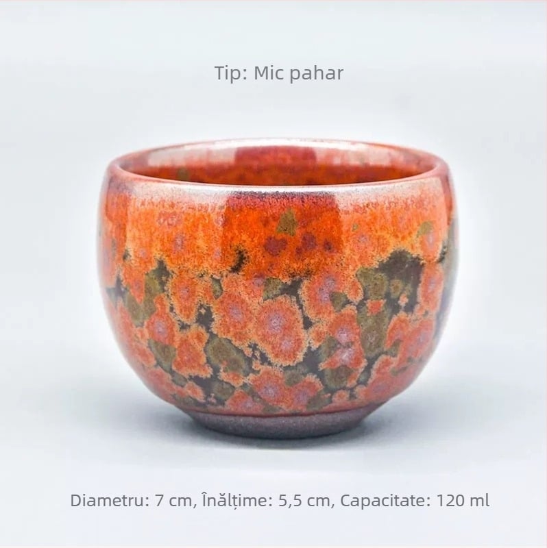 Ceașcă ceramică de ceai, cu corp din fier, glazură crăpată, pentru meditație, motiv Phoenix