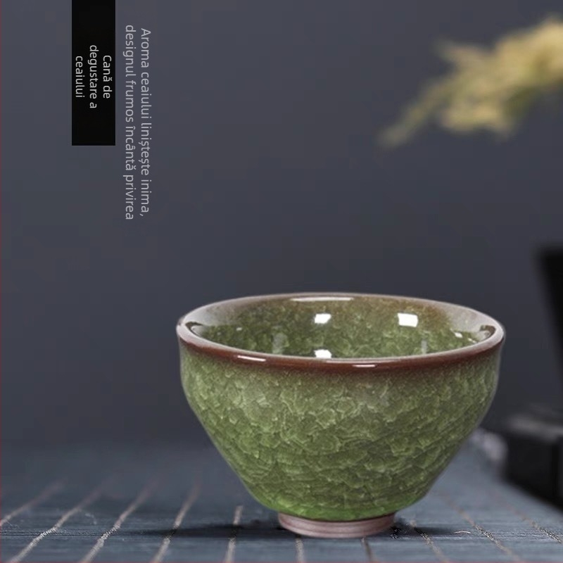 Ceașcă ceramică de ceai, cu corp din fier, glazură crăpată, pentru meditație, motiv Phoenix