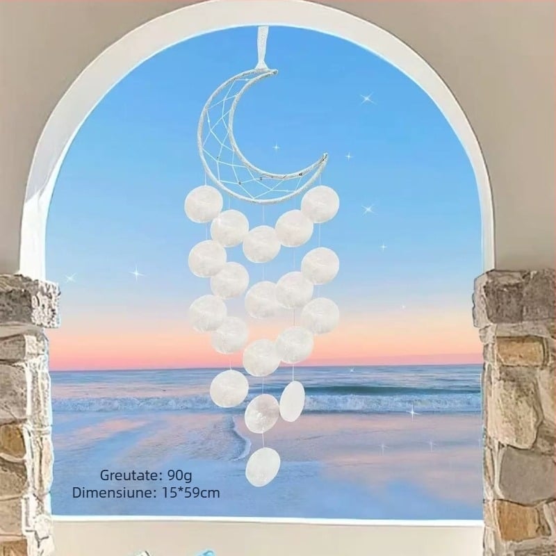 Set DIY cu scoici: clopot de vânt cu oglindă, dream catcher, lună — decor interior suspendat, realizare manuală