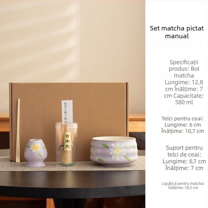 Set de unelte pentru ceremonia ceaiului Dinastia Song: tel pentru matcha, periuță de ceai și suport alb de bază