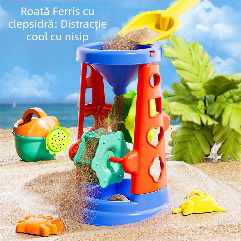 Set de jucării pentru plajă pentru copii: unelte de săpat nisip, lopățică de plajă, jucărie cu clepsidră, mașinuță și găleată de plajă