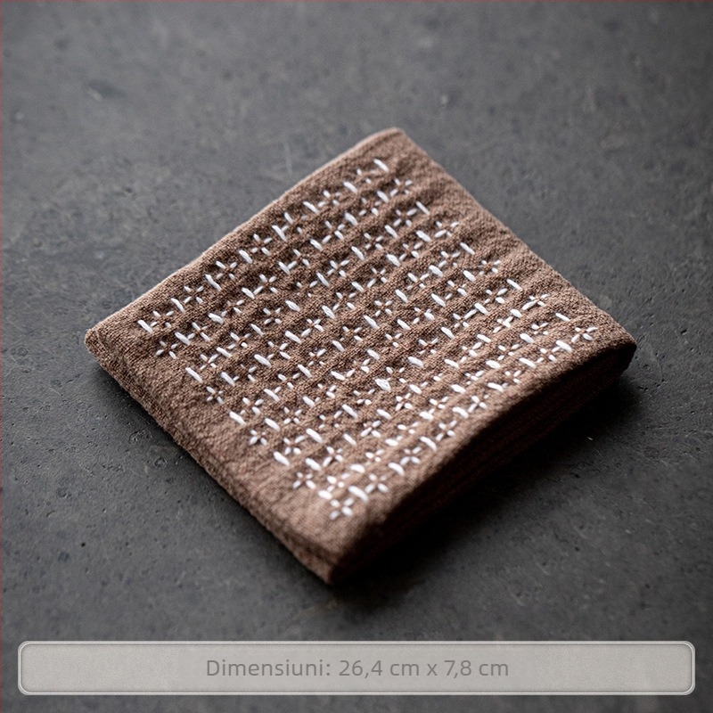 Prosop de ceai stil japonez, din bumbac și in, cu trei pliuri, design Zen rustic; suport mic pătrat cu model de cărămidă pentru ceașcă, covoraș pentru ceainic și pânză pentru ceremonia ceaiului