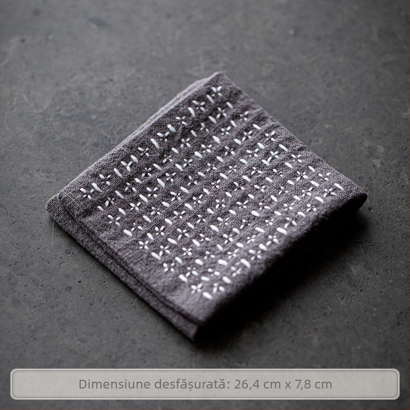 Prosop de ceai stil japonez, din bumbac și in, cu trei pliuri, design Zen rustic; suport mic pătrat cu model de cărămidă pentru ceașcă, covoraș pentru ceainic și pânză pentru ceremonia ceaiului