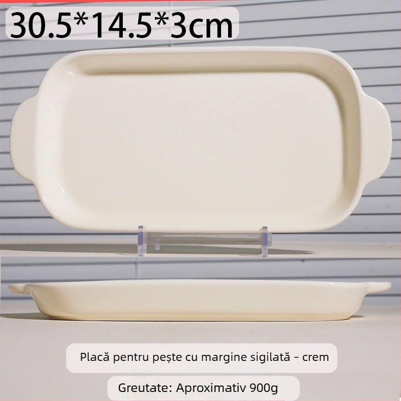 Vas dreptunghiular din porțelan crem, cu mânere duble, potrivit pentru coacere, deserturi, ceai și gustări