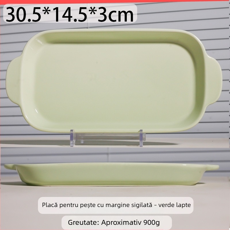 Vas dreptunghiular din porțelan crem, cu mânere duble, potrivit pentru coacere, deserturi, ceai și gustări