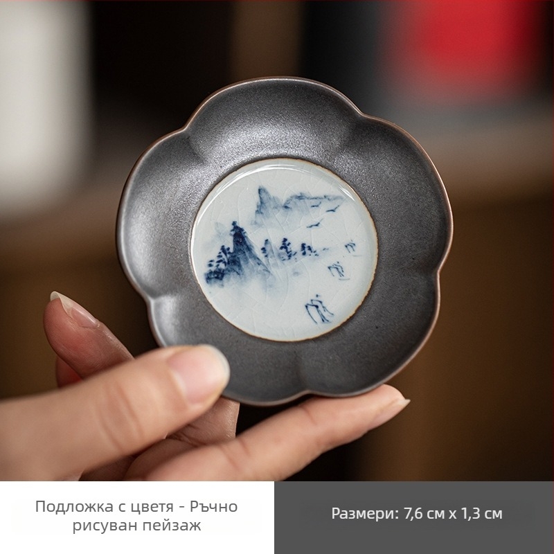 Suport ceramic pentru ceașcă de ceai, cu motive de prun, orhidee, bambus și crizantemă; izolație cu glazură ruginiu pentru ceremonia ceaiului