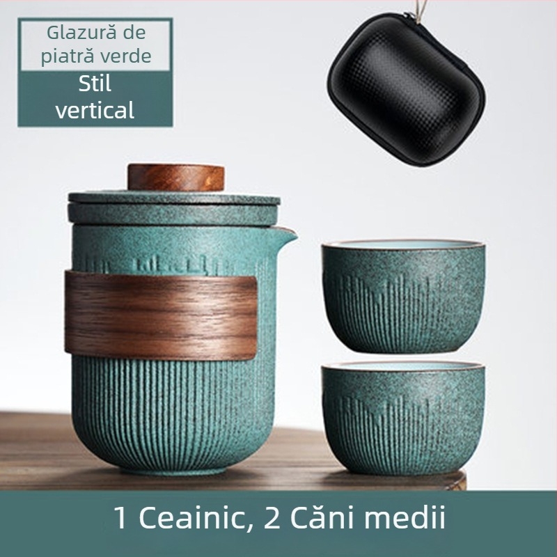 Set de ceai Kung Fu portabil cu glazură Bluestone, cu ceainic și două sau patru cești, design simplu, husă de transport