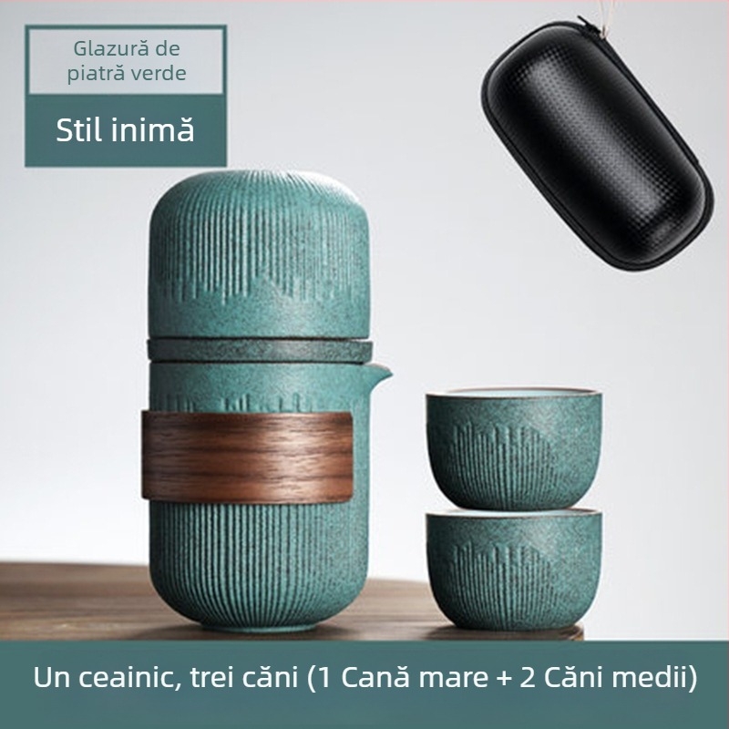 Set de ceai Kung Fu portabil cu glazură Bluestone, cu ceainic și două sau patru cești, design simplu, husă de transport