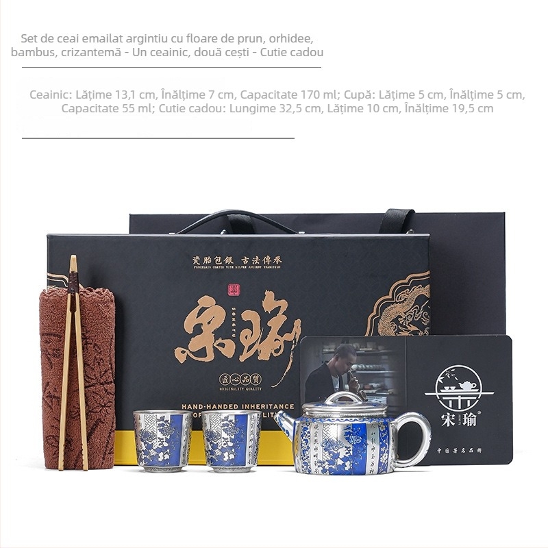 Zhou Hongjie 999 argintiu set ceai cu model albastru-alb cu pești și alge — un ceainic și două căni, set Kung Fu într-o cutie cadou premium