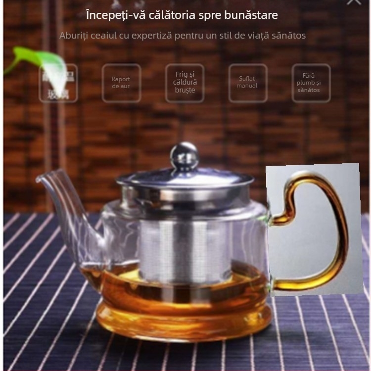 Ceainic din sticlă borosilicat rezistentă la temperaturi, pentru două persoane, filtru din oțel inoxidabil, încălzire pe plită ceramică, stil modern minimalist