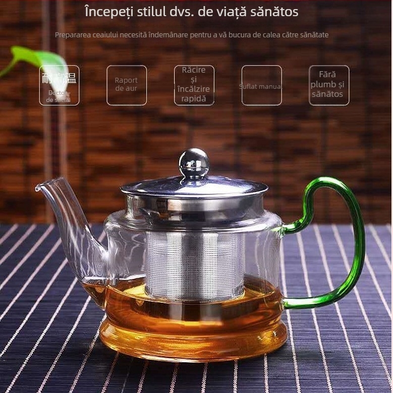 Ceainic din sticlă borosilicat rezistentă la temperaturi, pentru două persoane, filtru din oțel inoxidabil, încălzire pe plită ceramică, stil modern minimalist