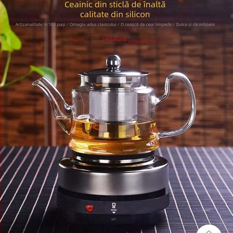 Ceainic din sticlă borosilicat rezistentă la temperaturi, pentru două persoane, filtru din oțel inoxidabil, încălzire pe plită ceramică, stil modern minimalist