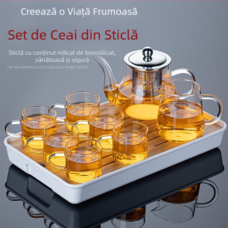 Set Gong Fu de ceai din sticlă rezistentă la căldură, cu cești și ceainic – cești transparente cu mâner, pentru acasă și birou