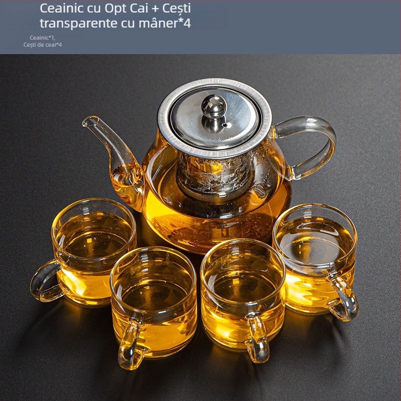 Set Gong Fu de ceai din sticlă rezistentă la căldură, cu cești și ceainic – cești transparente cu mâner, pentru acasă și birou