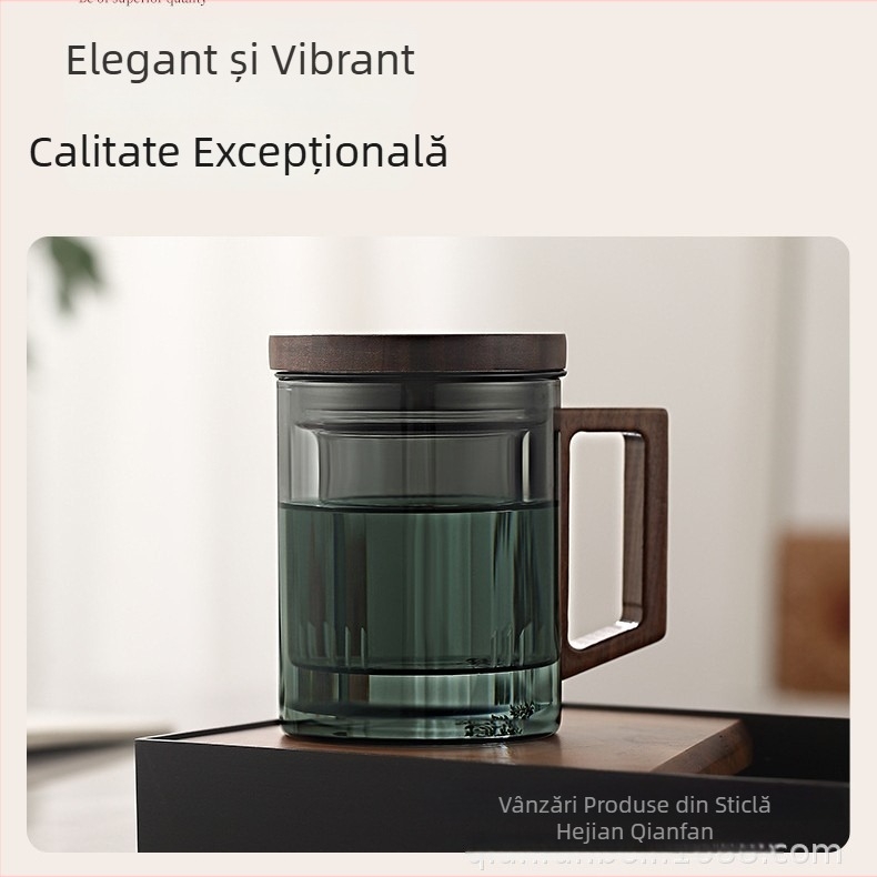 Ceașă de ceai din sticlă borosilikată, cu mâner din lemn, set din trei piese pentru separare și filtrare a ceaiului, capacitate mare, rezistentă la căldură