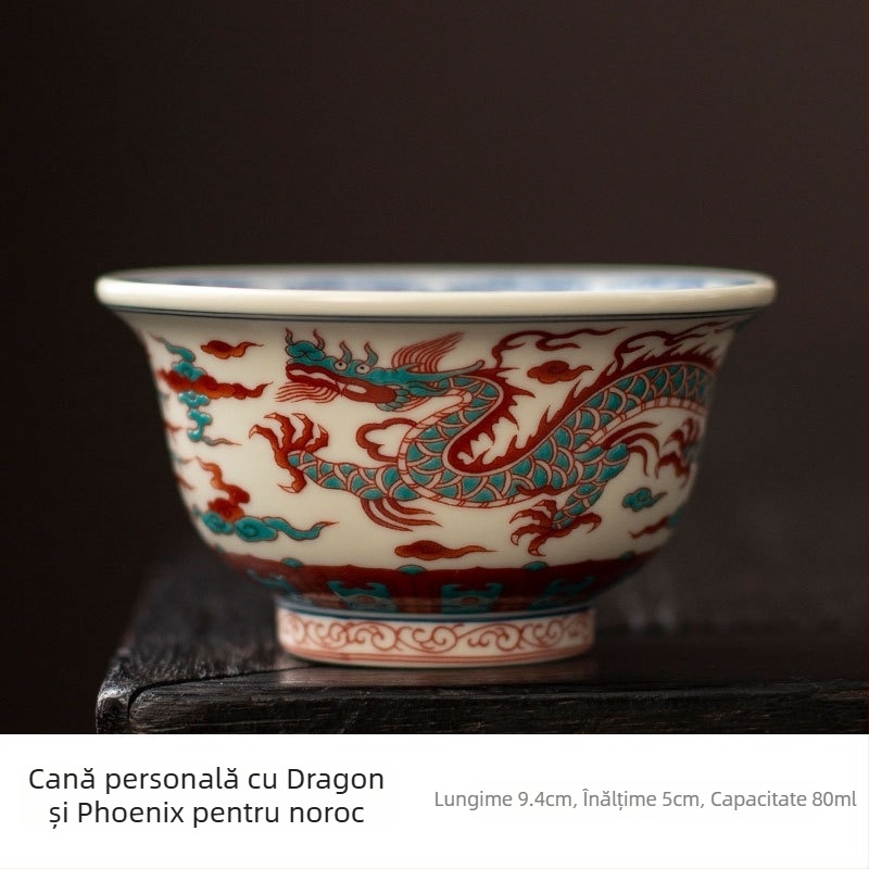 ceașă de ceai în stil antic, cu model lotus roșu și verde, set ceramic Kung Fu pentru ceai, ceașcă personală pentru uz casnic