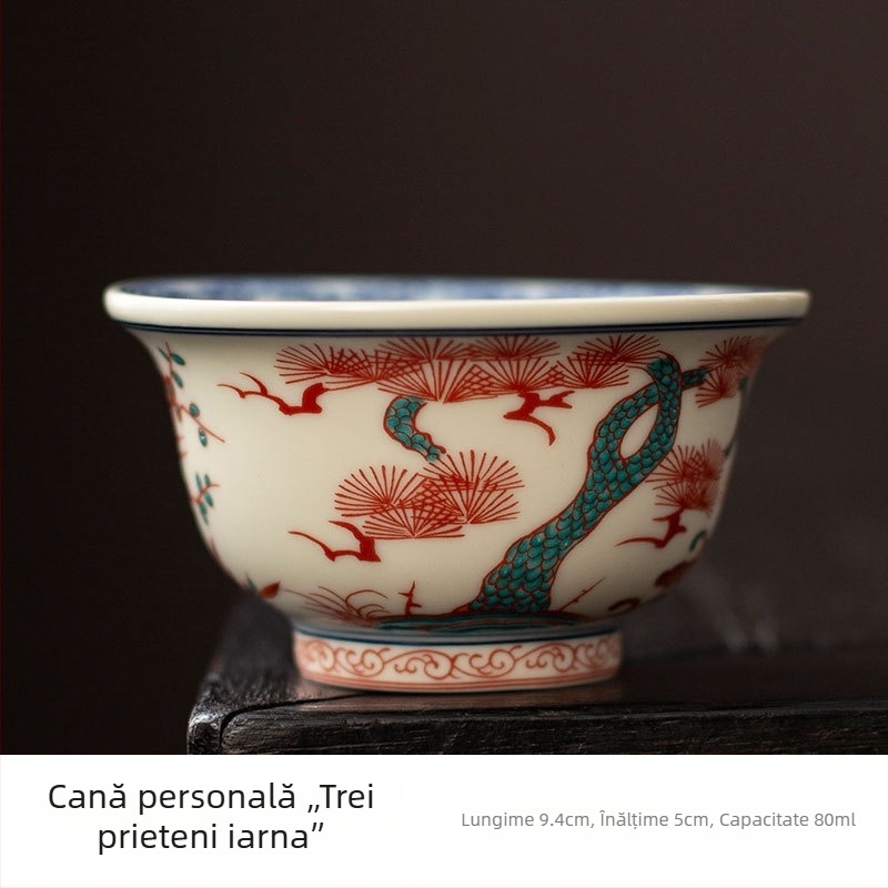 ceașă de ceai în stil antic, cu model lotus roșu și verde, set ceramic Kung Fu pentru ceai, ceașcă personală pentru uz casnic