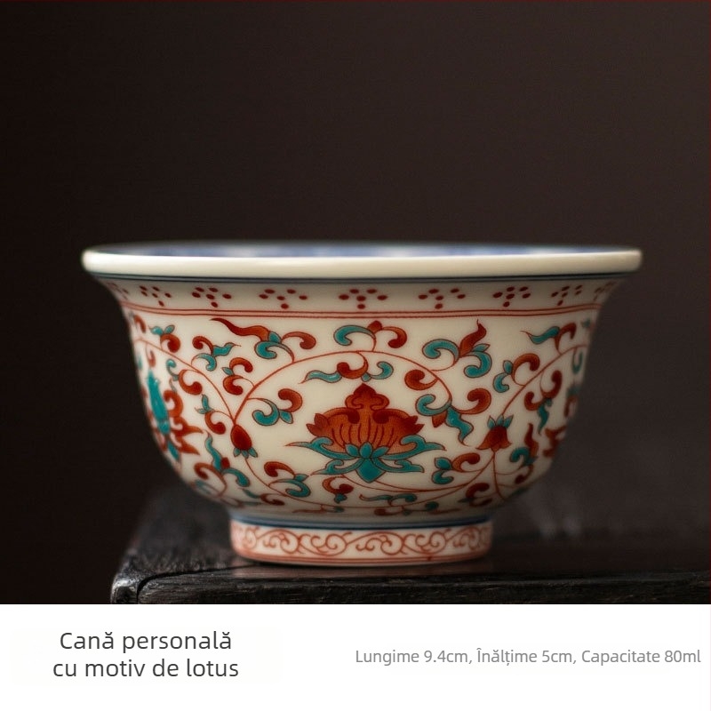 ceașă de ceai în stil antic, cu model lotus roșu și verde, set ceramic Kung Fu pentru ceai, ceașcă personală pentru uz casnic