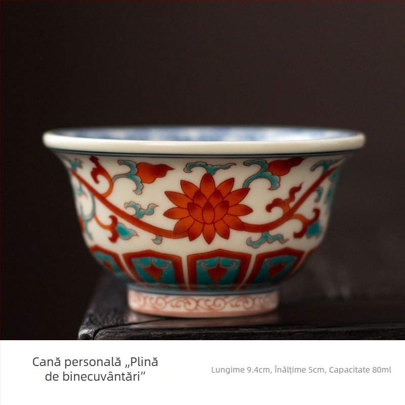 ceașă de ceai în stil antic, cu model lotus roșu și verde, set ceramic Kung Fu pentru ceai, ceașcă personală pentru uz casnic