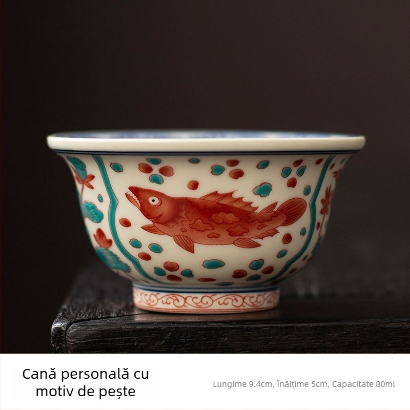 ceașă de ceai în stil antic, cu model lotus roșu și verde, set ceramic Kung Fu pentru ceai, ceașcă personală pentru uz casnic