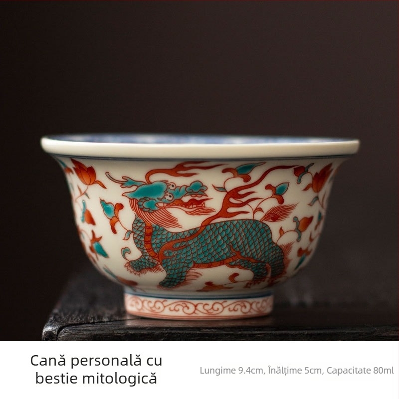 ceașă de ceai în stil antic, cu model lotus roșu și verde, set ceramic Kung Fu pentru ceai, ceașcă personală pentru uz casnic