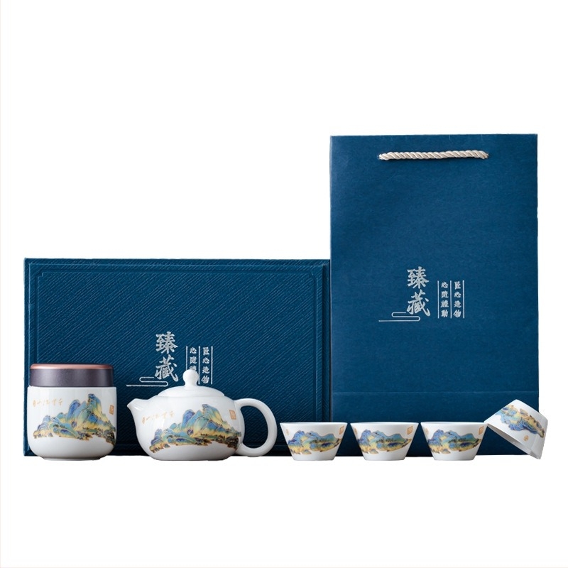 Set de ceai Kung Fu din porțelan alb, ceainic și cești, cutie cadou pentru călătorii, personalizare logo
