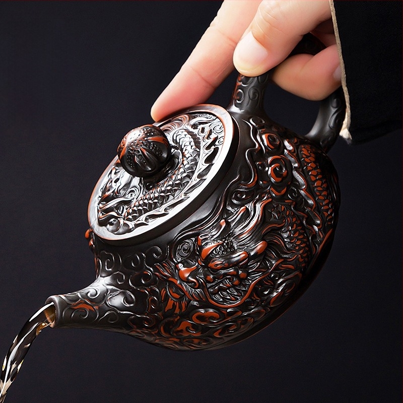 Ceainic din lut mov, cu doi dragoni care joacă cu o perlă, set Gongfu de ceai, ceainic și cești, lucrat manual, stil chinezesc pentru uz casnic