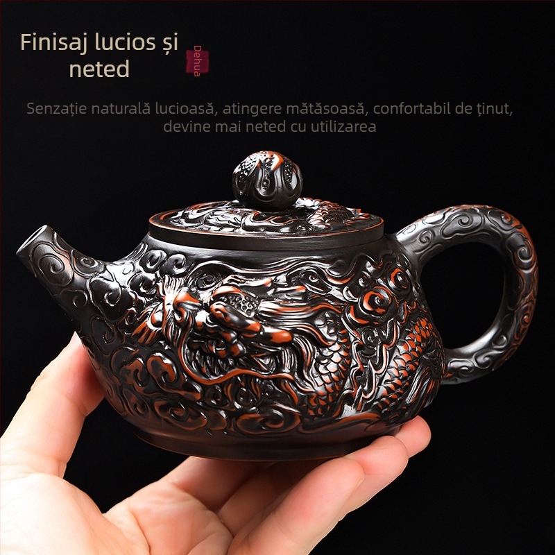 Ceainic din lut mov, cu doi dragoni care joacă cu o perlă, set Gongfu de ceai, ceainic și cești, lucrat manual, stil chinezesc pentru uz casnic