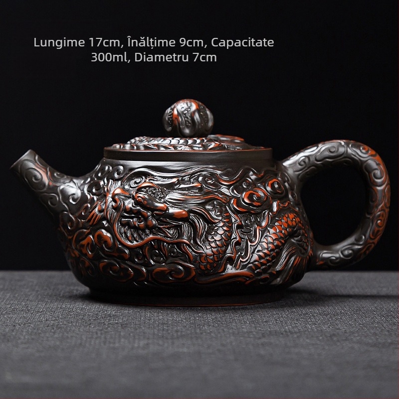 Ceainic din lut mov, cu doi dragoni care joacă cu o perlă, set Gongfu de ceai, ceainic și cești, lucrat manual, stil chinezesc pentru uz casnic