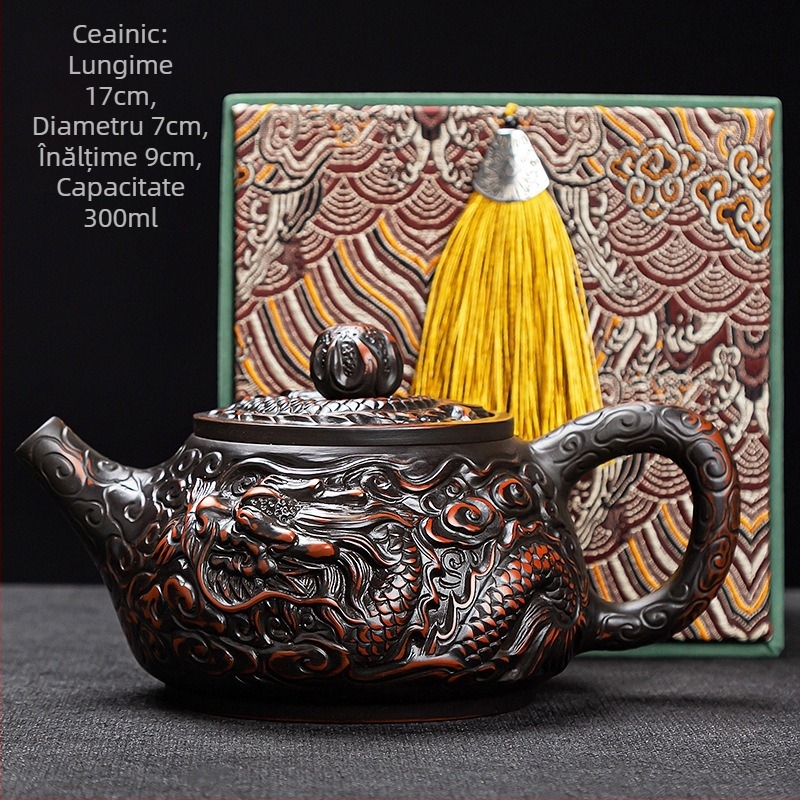 Ceainic din lut mov, cu doi dragoni care joacă cu o perlă, set Gongfu de ceai, ceainic și cești, lucrat manual, stil chinezesc pentru uz casnic